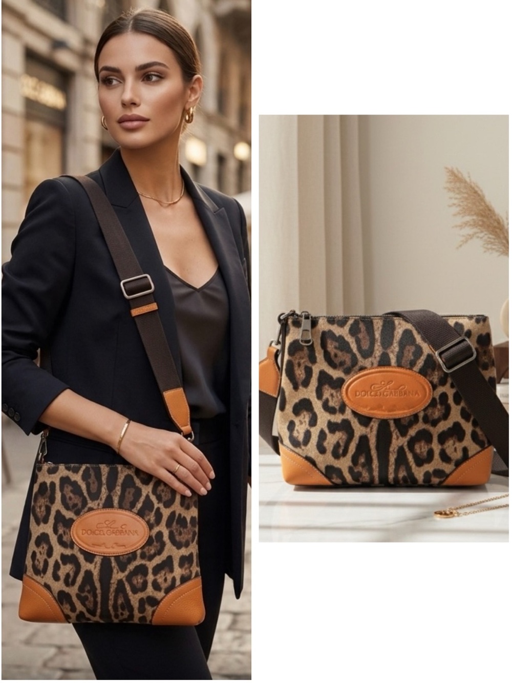 DOLCE & GABBANA Leopard Print Crossbody Bag Canvas Leather Trim Y2K Animal‎